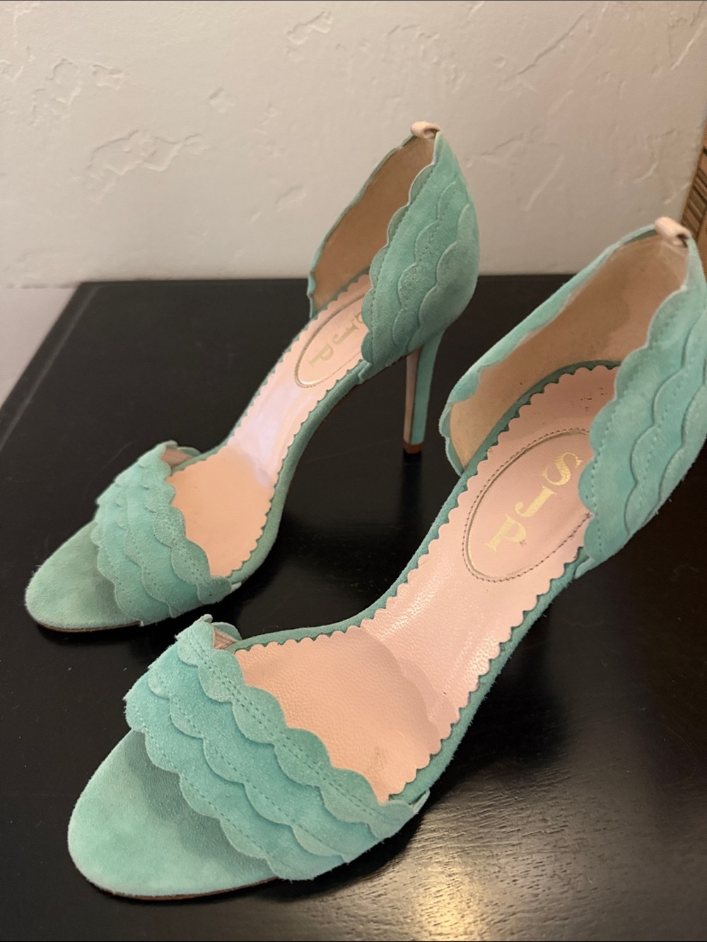 SJP D'Orsay Sandals Heels Bobbie Womens 37 Suede Seafoam Green Scalloped
